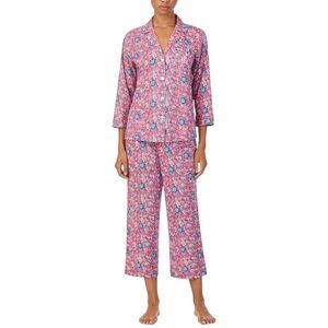 Lauren Ralph Lauren PJ Set 3/4 Sleeve Woven Cropped Ground Floral Pink Size L
